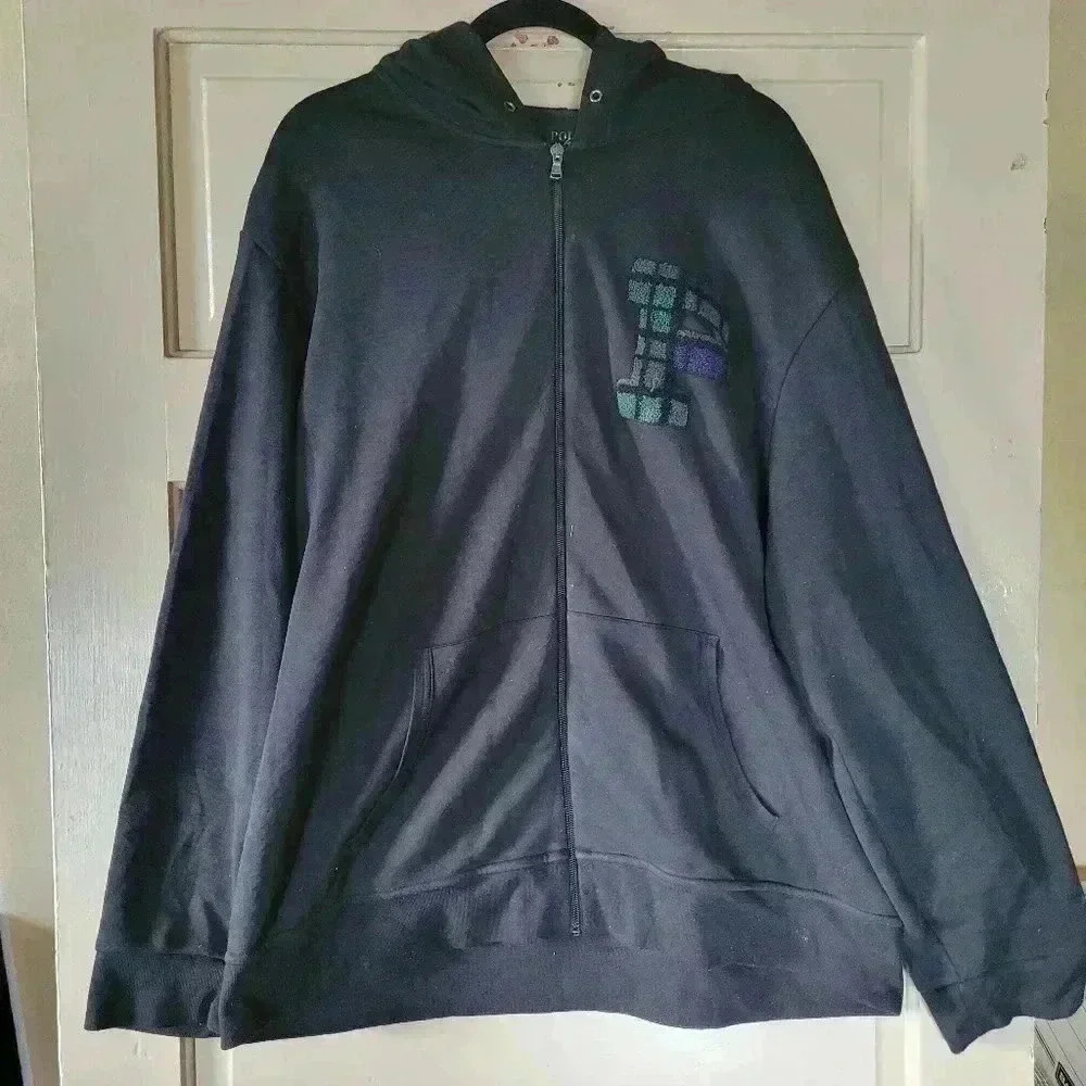 Polo Ralph Lauren Full Zip Plaid 'P' Hoodie Black Hooded Sweater Jacket Mens XXL